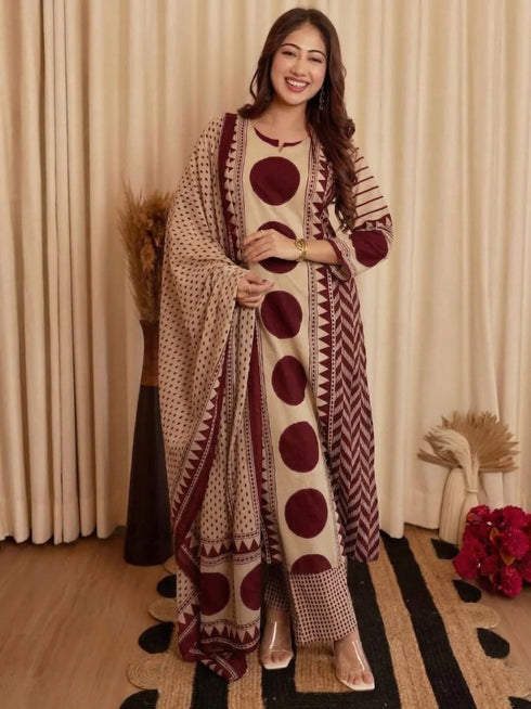 Alvami Women's Maroon & Beige Printed Viscose Straight Kurta Set with Dupatta | Trendy Ethnic Wear