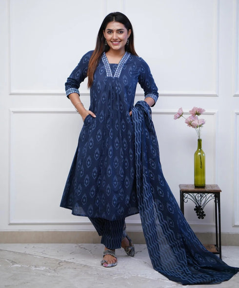Blue Anarkali Kurta And Pant Set With Dupatta