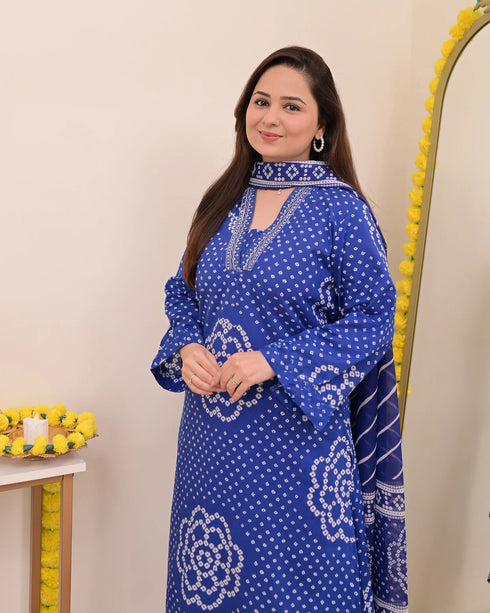Alvami Women’s Blue Bandhani Print A-Line Kurta Pant With Dupatta Set