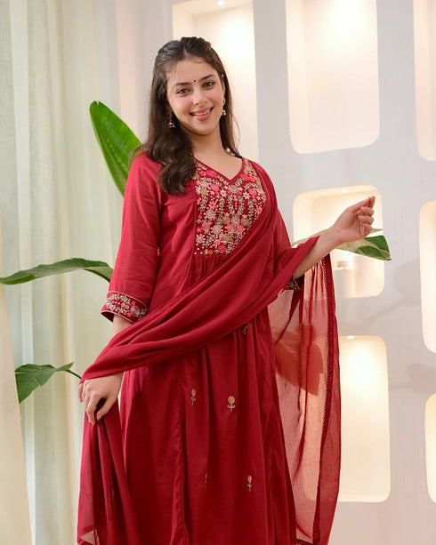 Alvami Women's Red Embroidered Silk Anarkali Suit Set with Dupatta | Premium Festive Ethnic Wear