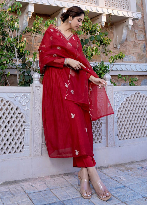 Women Red Silk Embroidered Anarkali Kurta Set with Dupatta