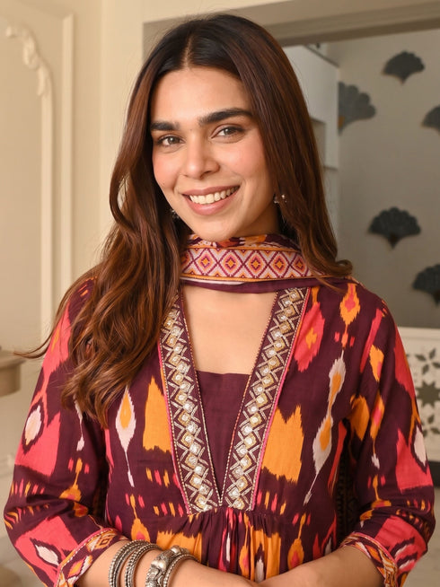 Women’s Printed Kurta Pant Dupatta Set | Ethnic Straight Kurta Set for Women | V-Neck 3/4 Sleeve Regular Fit Indian Suit Set