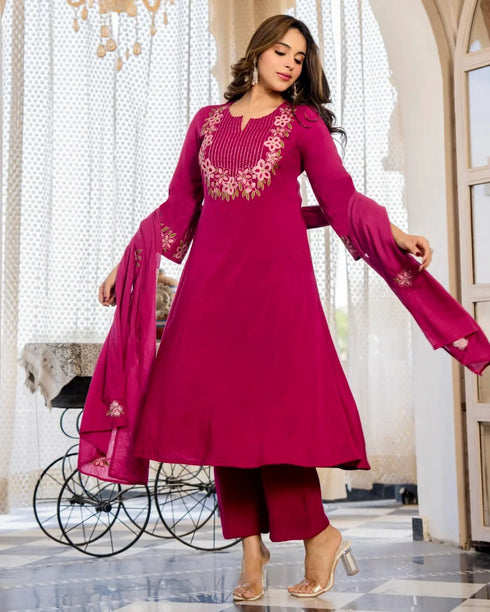 Alvami Women's Pink Embroidered Silk Anarkali Kurta Pant With Dupatta Set