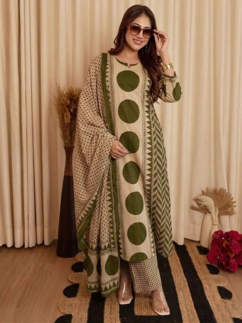 Alvami Women's Green & Beige Printed Viscose Straight Kurta Set with Dupatta | Trendy Ethnic Wear