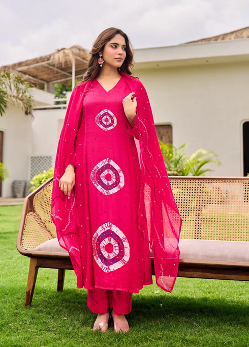 Alvami Women Pink Printed Viscose A-Line Kurta Pant With Dupatta Set