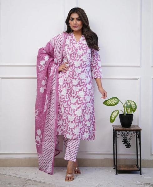 Viscose Floral Printed Pink Kurta And Pant Set With Dupatta
