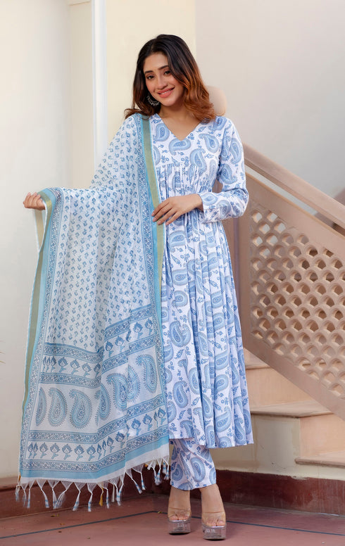 Sky Blue Printed Viscose Rayon Kurta, Pant And Dupatta Set