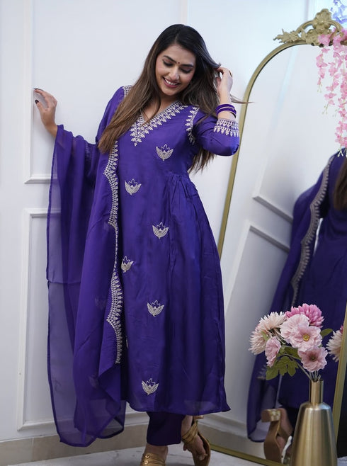 Alvami Women Embroidery Anarkali Kuta and Pant Set with Dupatta