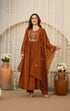 Alvami Women’s Premium Rust Silk Embroidered Anarkali Kurta Pant With Dupatta Set