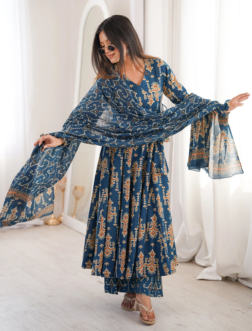 Alvami Women’s Blue Printed Angrakha Kurta Pant With Dupatta Set