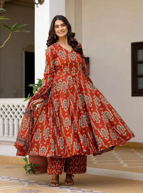 Alvami Women’s Red Printed Angrakha Kurta Pant With Dupatta Set