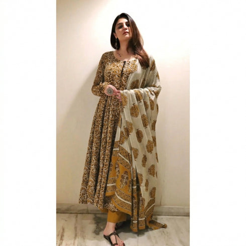Alvami Women's Yellow & Cream Printed Viscose Anarkali Kurta Pant Set with Dupatta