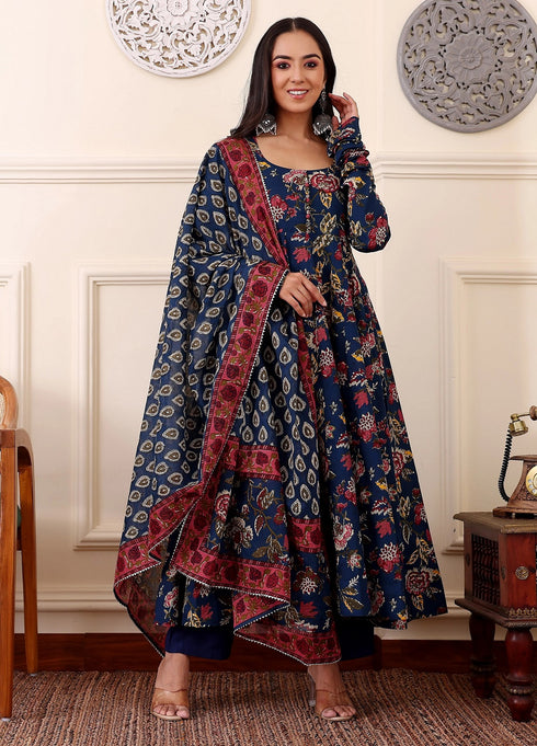 Women Blue Floral Printed Anarkali Kurta Pant Set with Dupatta