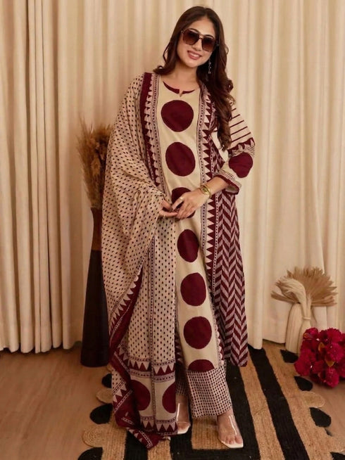 Alvami Women's Maroon & Beige Printed Viscose Straight Kurta Set with Dupatta | Trendy Ethnic Wear