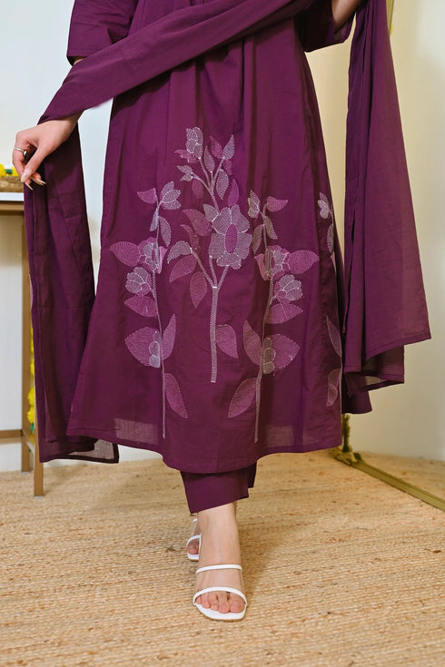 Alvami Women’s Wine Viscose A-Line Kurta with Floral Design & Pant With Dupatta Set