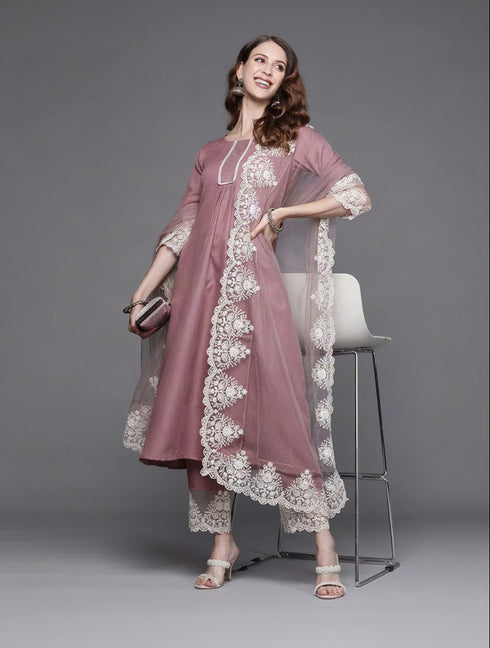 Alvami Women’s Pink Solid A-Line Silk Kurta Set with Dupatta Lace Detail