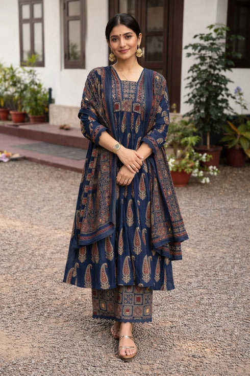 Alvami Women's Blue Printed Viscose Anarkali Kurta Pant With Dupatta Set