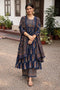 Alvami Women's Blue Printed Viscose Anarkali Kurta Pant With Dupatta Set