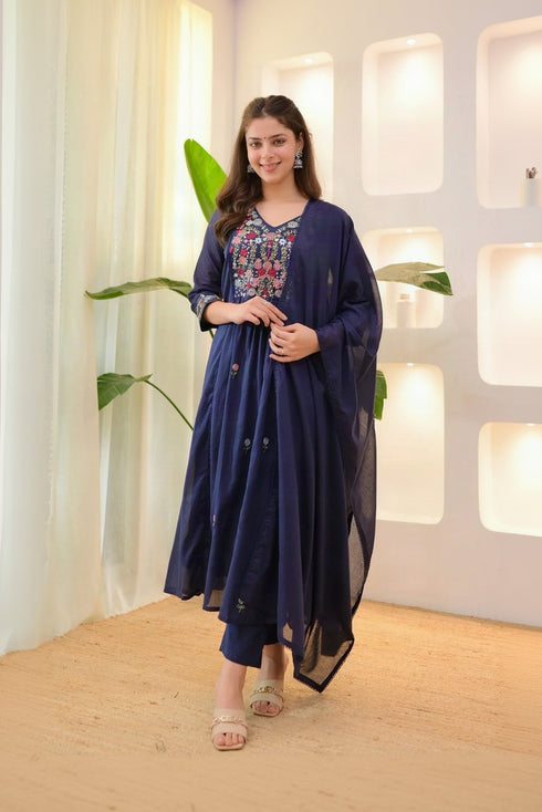 Alvami Women's Blue Embroidered Silk Anarkali Suit Set with Dupatta | Premium Festive Ethnic Wear