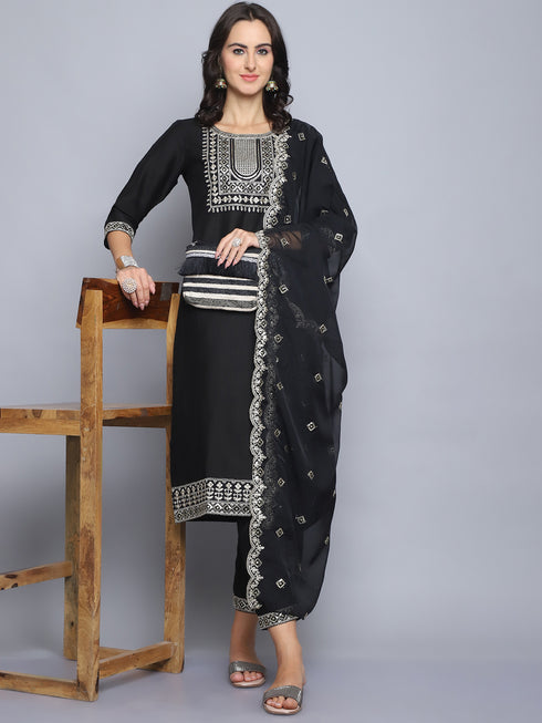 Black Embroidery silk Kurta And Pant Set With Dupatta