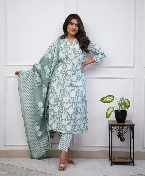 Viscose Floral Printed Green Kurta And Pant Set With Dupatta