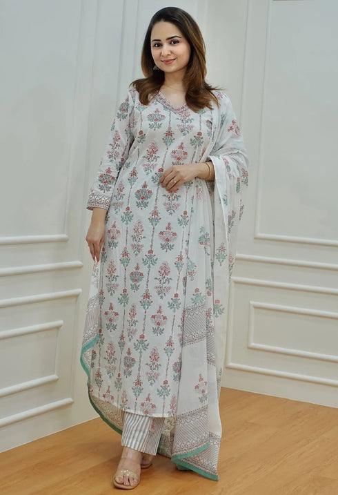 Alvami Women Light Green, Purple, White Printed Viscose Rayon Kurta, Pant And Dupatta Set