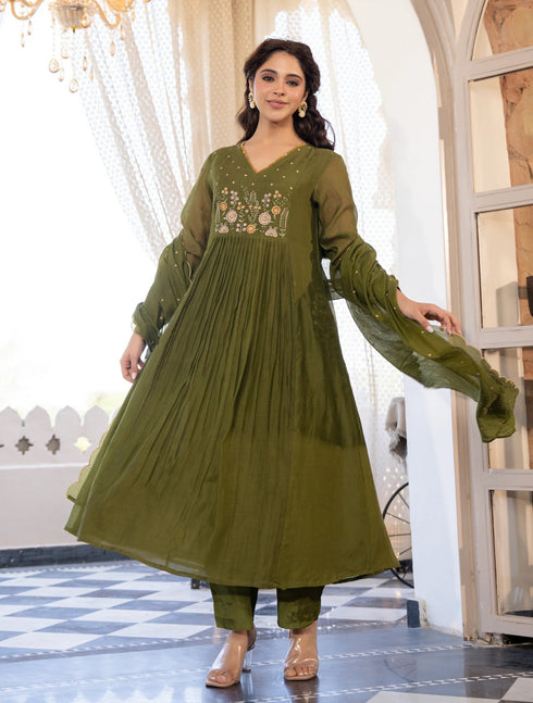 Alvami Women's Green Embroidered Silk Anarkali Suit Set with Dupatta | Premium Festive Wear