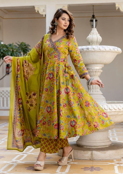 Alvami Women’s Yellow Printed Viscose Angrakha Kurta Set with Dupatta