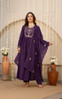 Alvami Women’s Premium Purple Silk Embroidered Anarkali Kurta Pant With Dupatta Set
