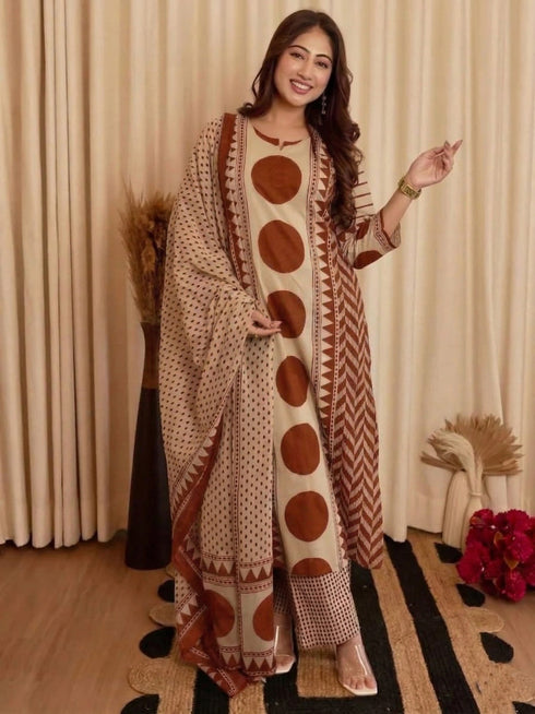 Alvami Women's Rust & Beige Printed Viscose Straight Kurta Set with Dupatta | Trendy Ethnic Wear