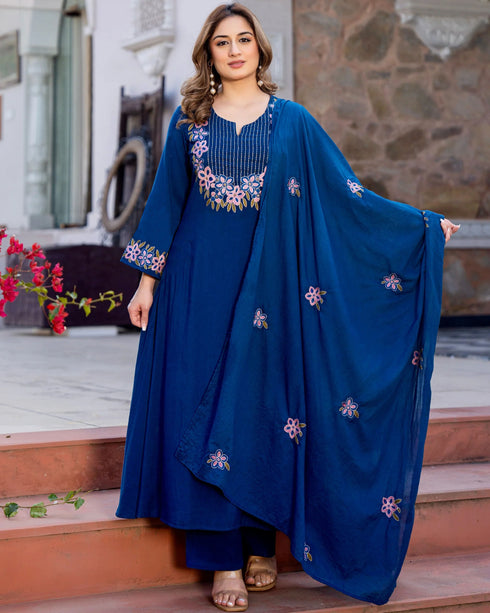Alvami Women's Blue Embroidered Silk Anarkali Kurta Pant With Dupatta Set