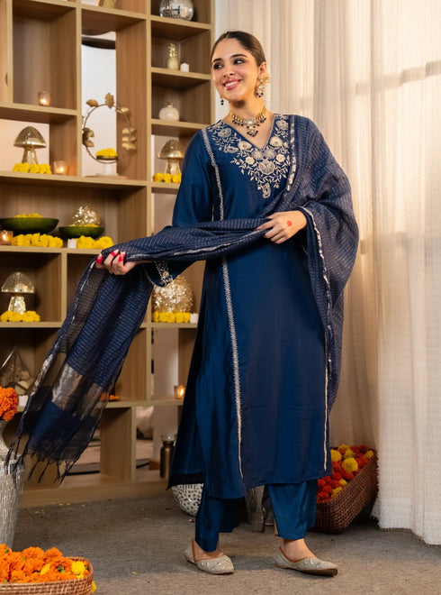Alvami Women’s Blue Embroidered Straight Silk Kurta Pant With Dupatta Set