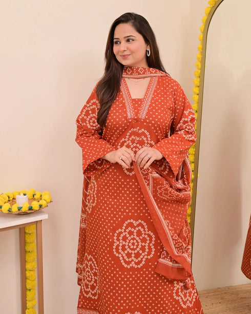 Alvami Women’s Orange Bandhani Print A-Line Kurta Pant With Dupatta Set