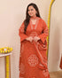 Alvami Women’s Orange Bandhani Print A-Line Kurta Pant With Dupatta Set