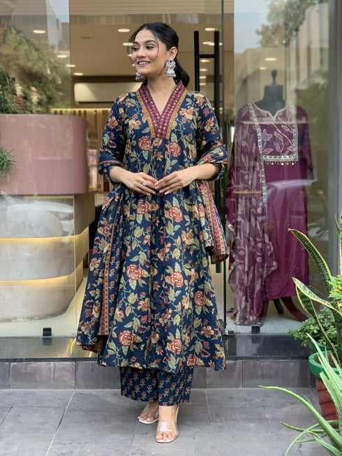 Viscose Blue Anarkali Kurta And Pant Set With Dupatta