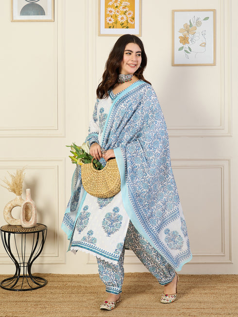 Alvami Women's White Printed Viscose Straight Kurta Pant With Dupatta Set