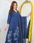 Alvami Women’s Blue Viscose A-Line Kurta with Floral Design & Pant With Dupatta Set