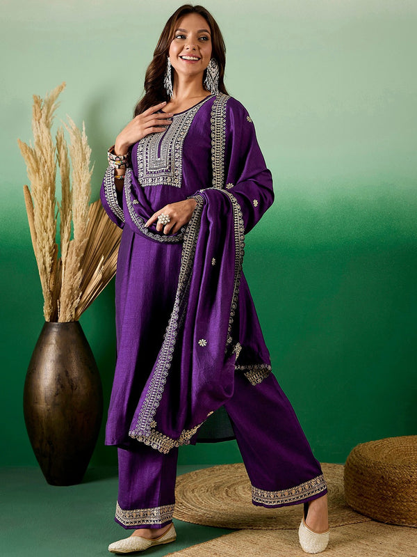 Purple Embroidery silk Kurta And Pant Set With Dupatta
