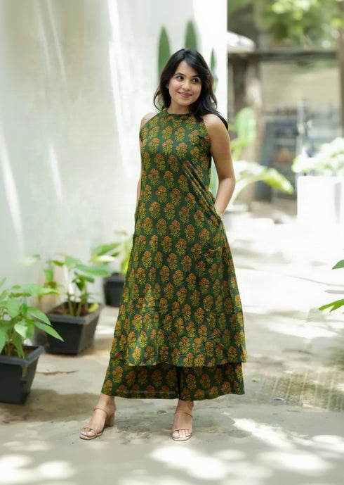 Alvami Women's Green Printed A-Line Kurta Palazzo Set With Pocket