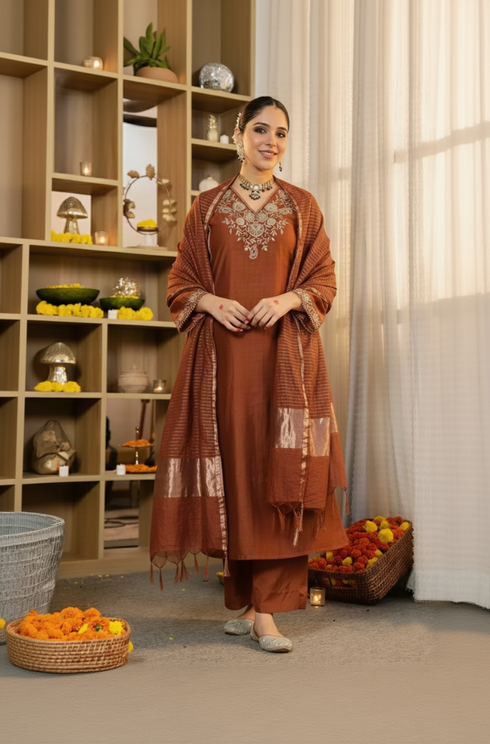 Alvami Women’s Rust Embroidered Straight Silk Kurta Pant With Dupatta Set