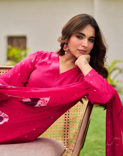 Alvami Women Pink Printed Viscose A-Line Kurta Pant With Dupatta Set