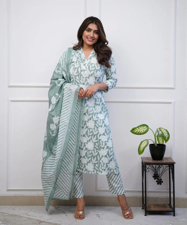 Viscose Floral Printed Green Kurta And Pant Set With Dupatta