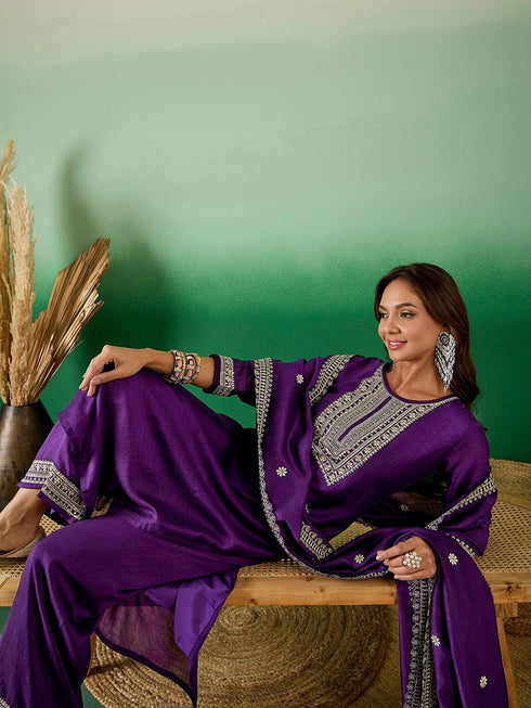 Purple Embroidery silk Kurta And Pant Set With Dupatta