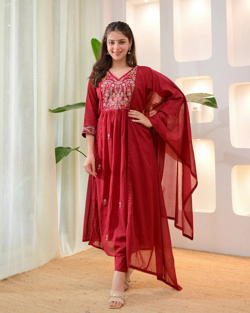 Alvami Women's Red Embroidered Silk Anarkali Suit Set with Dupatta | Premium Festive Ethnic Wear
