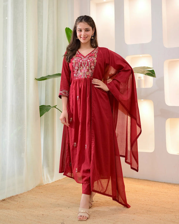 Alvami Women's Red Embroidered Silk Anarkali Suit Set with Dupatta | Premium Festive Ethnic Wear