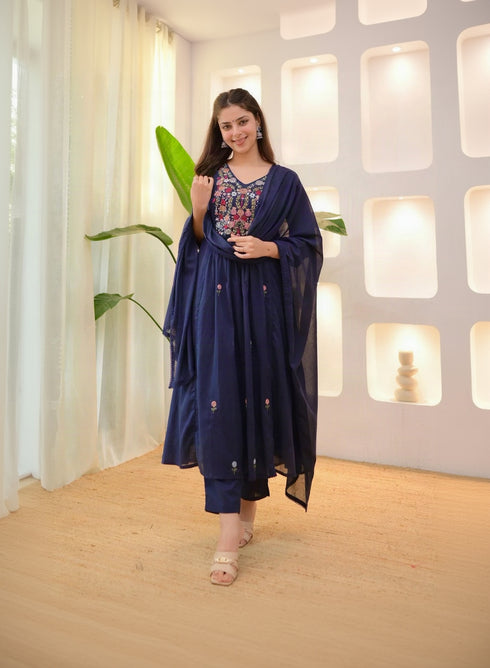 Alvami Women's Blue Embroidered Silk Anarkali Suit Set with Dupatta | Premium Festive Ethnic Wear