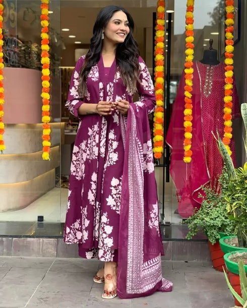 Women's Viscose Block Print Anarkali Kurti with Pant and Printed Dupatta Set