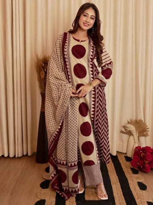 Alvami Women's Maroon & Beige Printed Viscose Straight Kurta Set with Dupatta | Trendy Ethnic Wear