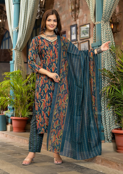 Blue Embroidery Viscose Rayon Kurta, Pant And Dupatta Set
