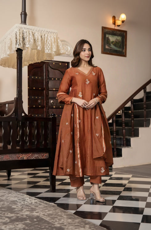 Alvami Women Orange Embroidered Silk Anarkali Kurta Pant with Dupatta Set